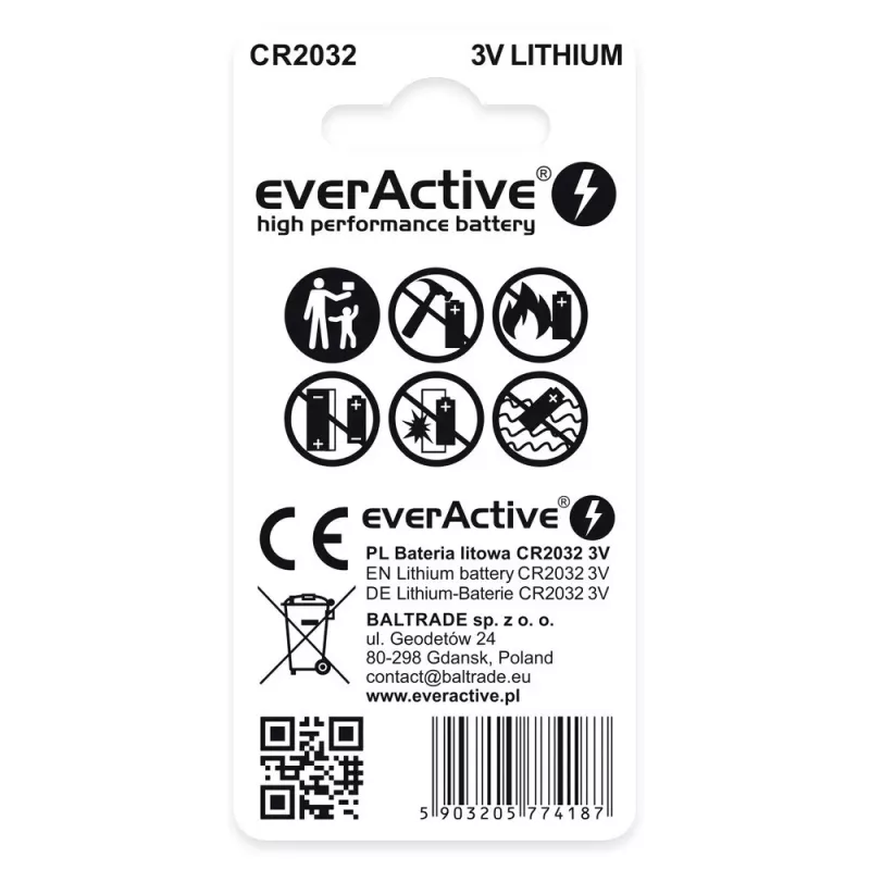 Lithiumknoopcel everActive CR2032 — 3V, 20 mm, 2 stuks blisterverpakking