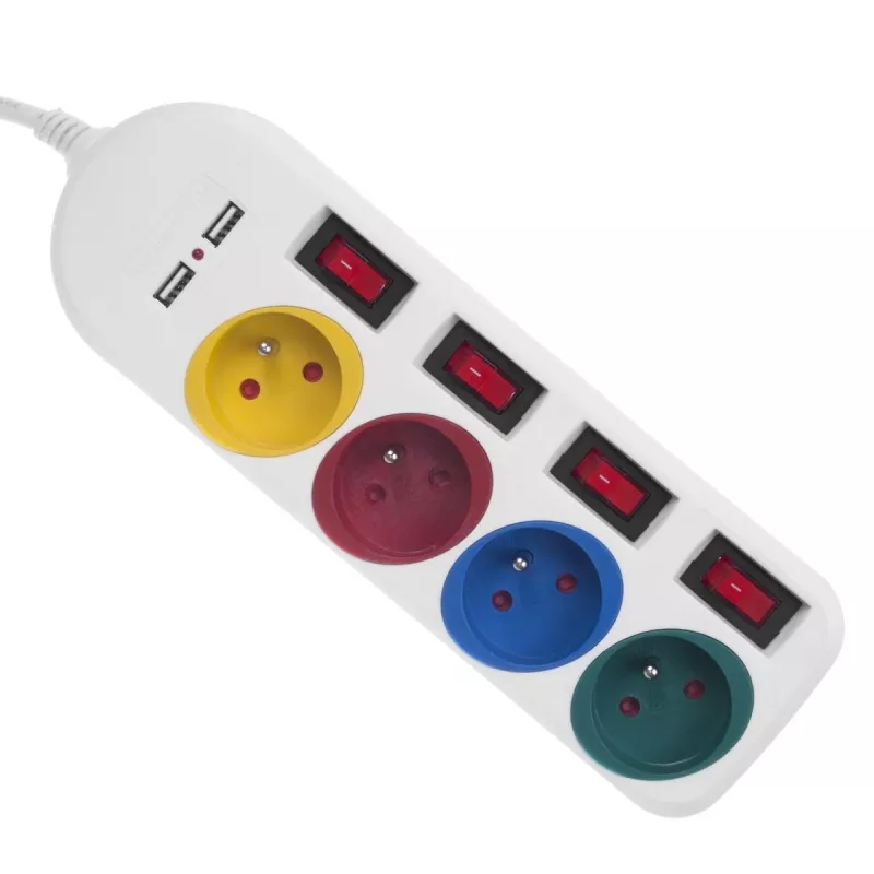 Stekkerdoos MACLEAN MCE229W — 4 stopcontacten, 2× USB, 1,5 m kabel, type F, 10 A, wit