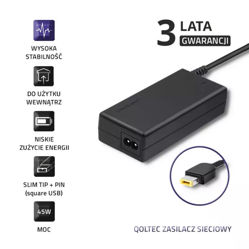 Laptopvoeding Qoltec Lenovo 45W 20V 2,25A slimtip + pin 50098.45W