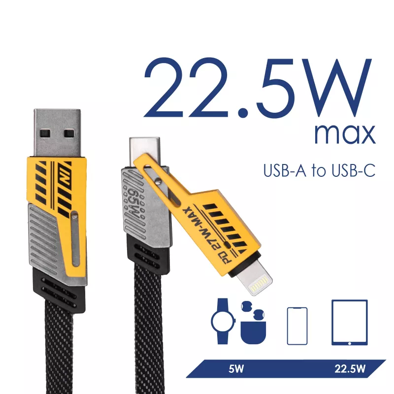 Akyga AK-USB-57 gevlochten 4-in-1-kabel USB-A/USB-C naar USB-C/Lightning, USB 2.0, 65 W, 1 m, grijs