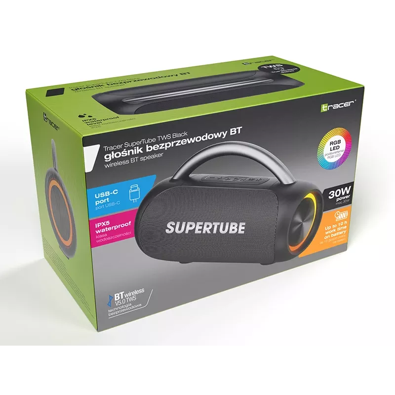 Tracer SuperTube TWS draagbare Bluetooth-luidspreker, 30 W, IPX5, zwart