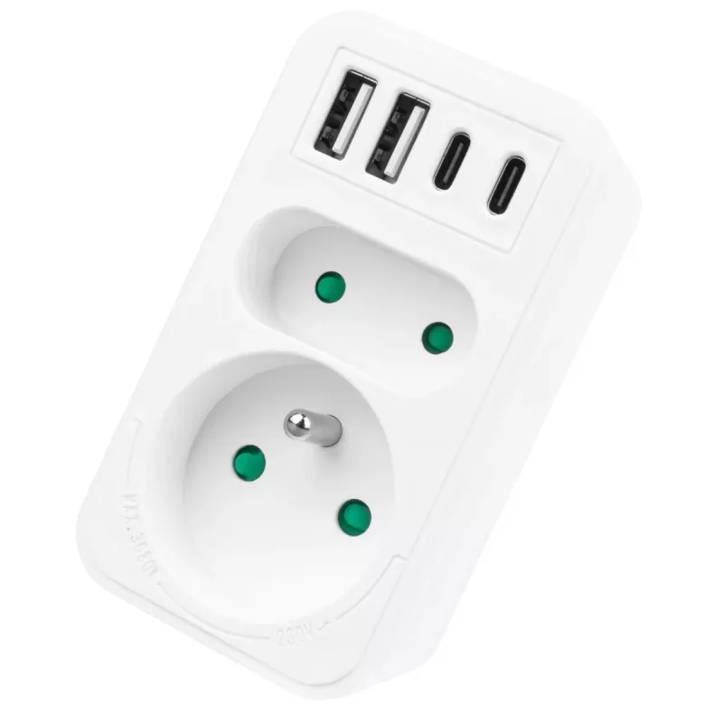 Power splitter MACLEAN MCE249 F/W – 2x stopcontacten (16A + 6A) en 4x USB (2x A, 2x C PD 20W)