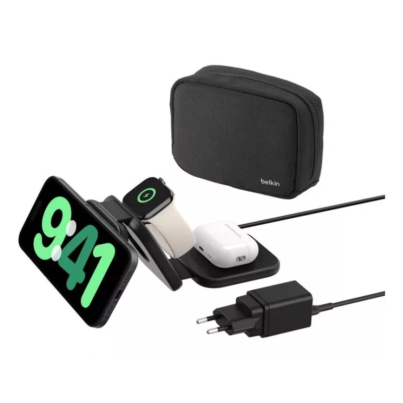 Belkin BoostCharge Pro Qi2 3-in-1 magnetische opvouwbare draadloze reislader, zwart, 15 W