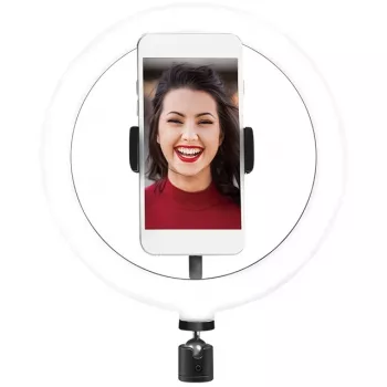 LogiLink AA0151 LED-ringlicht voor smartphones, Ø 200 mm, 3 kleurmodi, dimbaar, 1/4-inch statiefschroefdraad, met smartphonehouder, USB, 1,8 m kabel, zwart