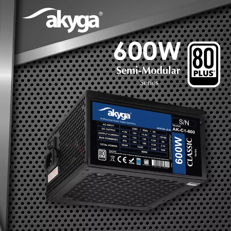 Akyga Classic AK-C1-600 ATX-voeding 600 W, 80 PLUS, actieve PFC, 120-mm-ventilator