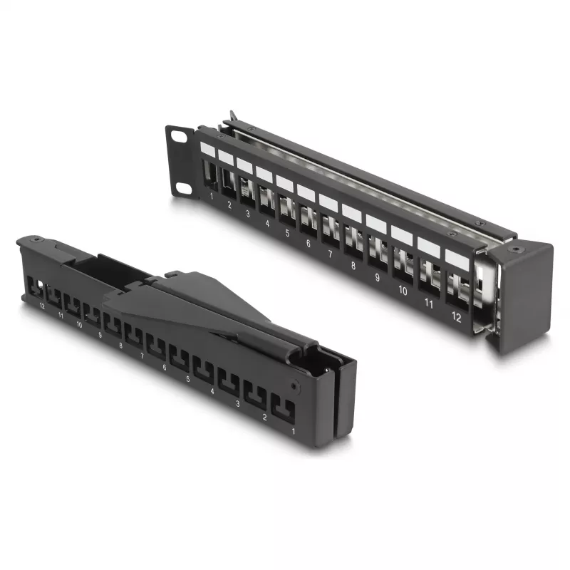 DeLOCK 19 inch keystone patchpanel 24 poorten met trekontlasting 1HE haaks zwart