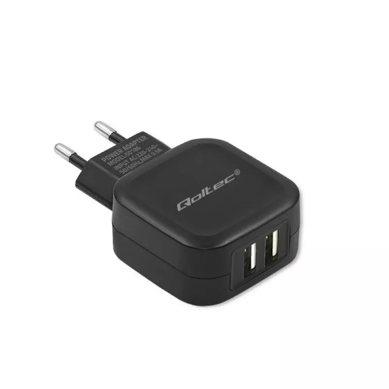 AC indoor oplader QOLTEC 50186 voor smartphone en tablet, 5 V 3.4 A, 17 W, 2× USB, zwart