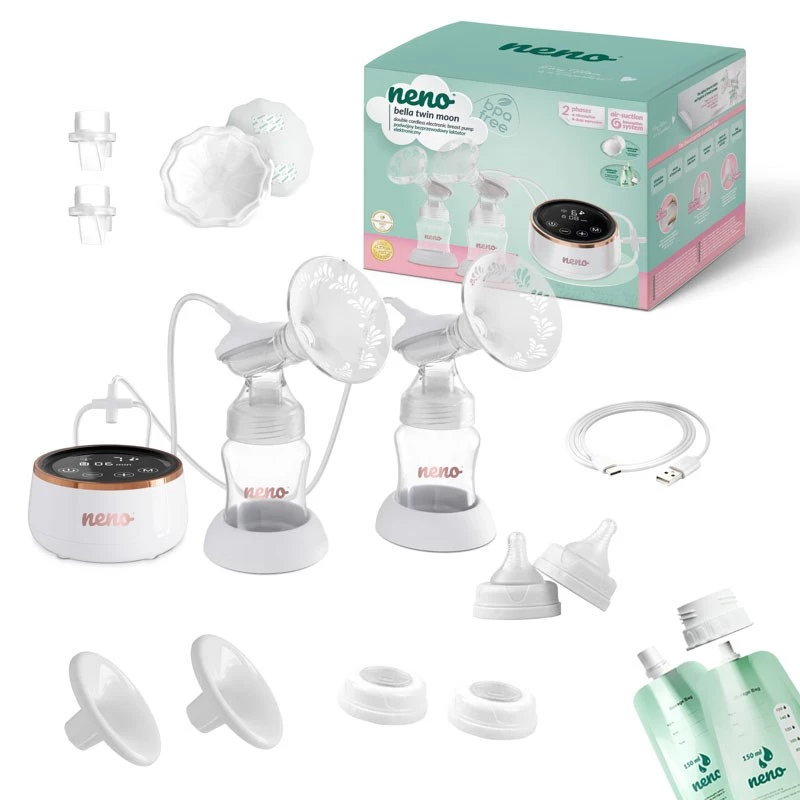 Elektrische dubbele borstkolf neno Bella Twin Moon – draadloos, tweefasig, LCD, 150 ml flessen, parelmoer