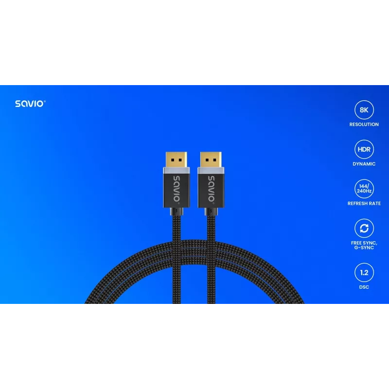 DisplayPort-kabel SAVIO CL-166 2 m zwart – DisplayPort 1.4, stekker-stekker, vergulde contacten