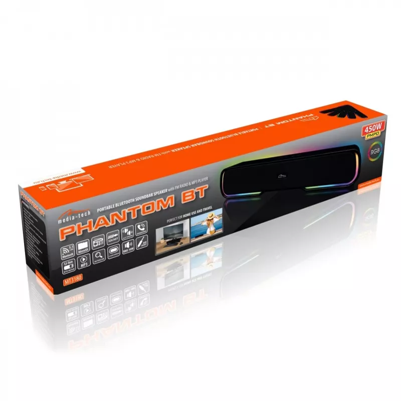Luidspreker MEDIA‑TECH Phantom MT3180 soundbar 450W RMS, 80W batterijgevoed, Bluetooth, bedraad & draadloos, zwart