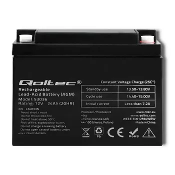 Qoltec 53036 AGM-batterij | 12V | 24Ah | max 360A