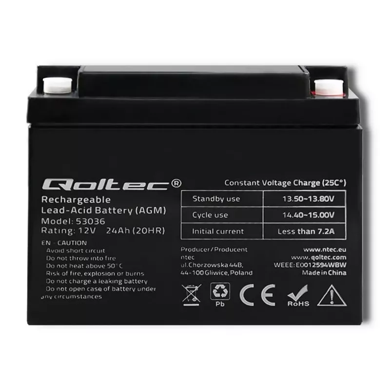 Qoltec 53036 AGM-batterij | 12V | 24Ah | max 360A