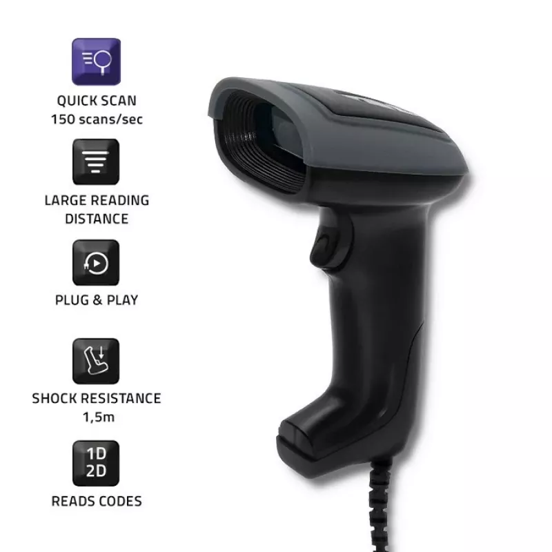 Handbarcodescanner QOLTEC 50863 — 1D/2D-scanner, USB bekabeld, LED-sensor, zwart, 5V, 1,8 m kabel
