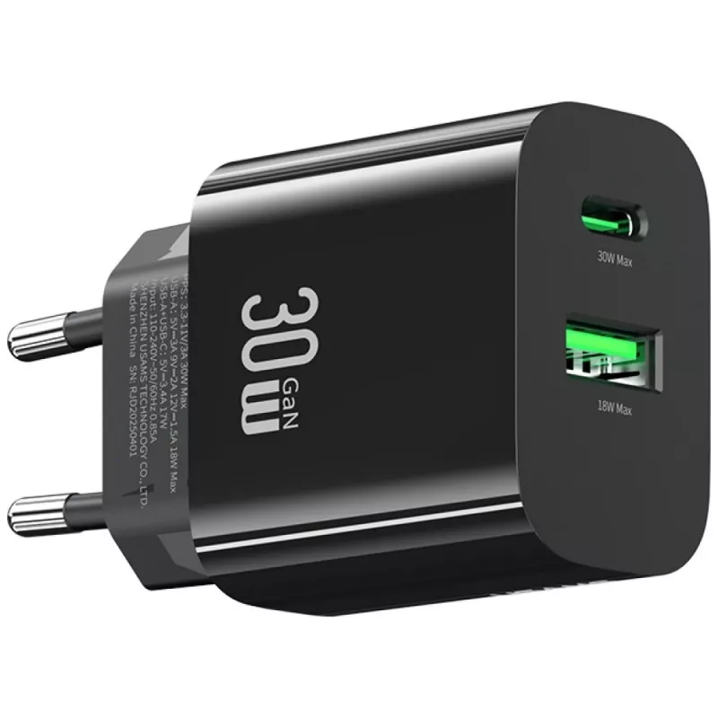 USAMS oplader USA001631 30W met 1x USB-C en 1x USB-A snelladen