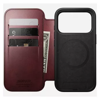 Telefoonhoesje Nomad Modern Leather Folio voor Apple iPhone 17 Pro, 6,3 inch (16 cm), leer bordeauxrood