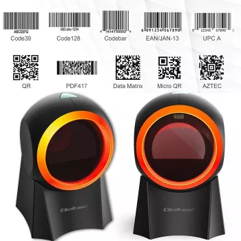 Bedrade desktop-barcodescanner QOLTEC 50857 – 1D/2D, USB, ABS-behuizing, zwart, 1,75 m kabel