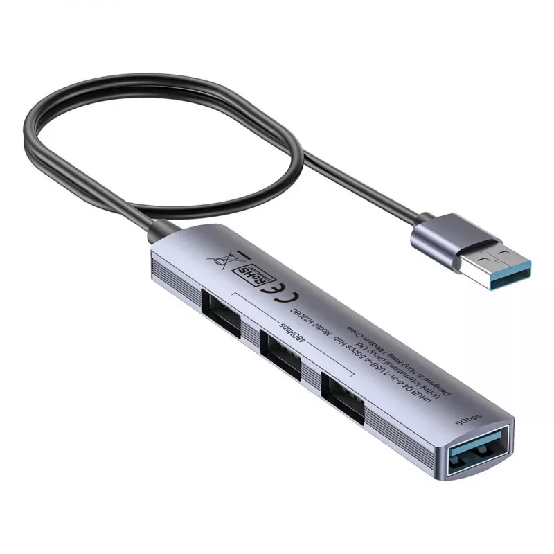 USB-hub Unitek H1208CGY01 — 4-poorts USB 3.0 (5 Gbit/s), achterwaarts compatibel met USB 2.0, aluminium