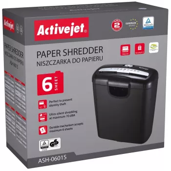 Activejet ASH-0601S papierversnipperaar, P-2, 10 l, 6 mm stroken, 6 vel, zwart.