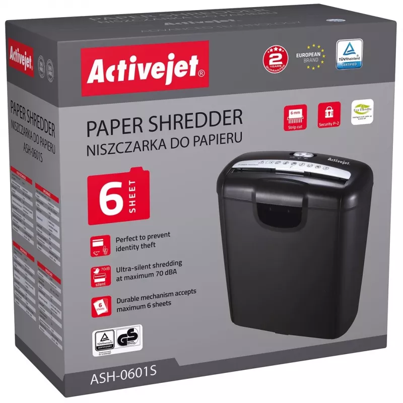 Activejet ASH-0601S papierversnipperaar, P-2, 10 l, 6 mm stroken, 6 vel, zwart.