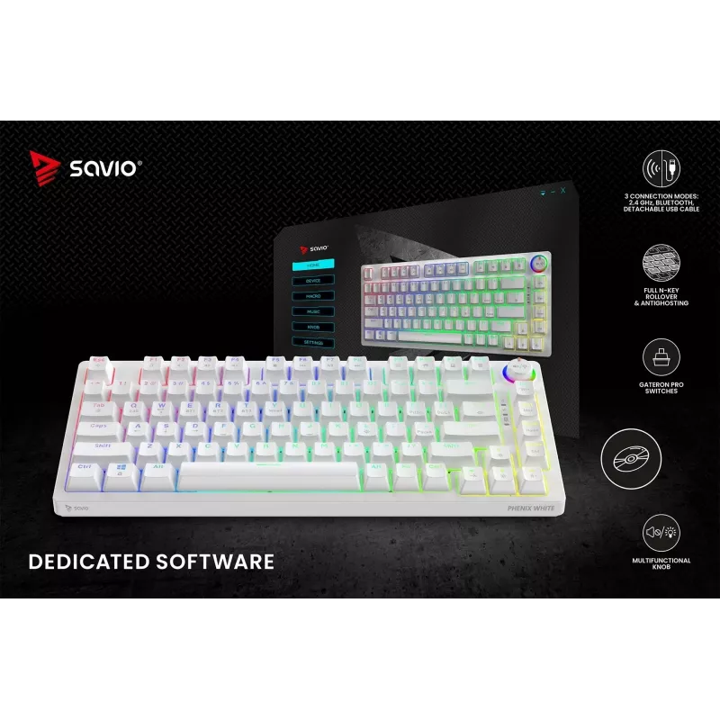 SAVIO PHENIX WHITE draadloos mechanisch toetsenbord, Gateron Red Pro, ABS