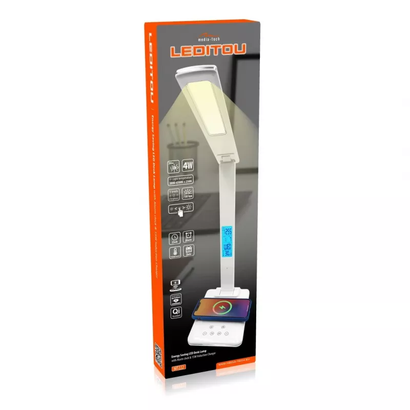 Media-Tech MT222 Leditou led-bureaulamp met 15 W Qi draadloze oplader, klok, wekker, thermometer, wit