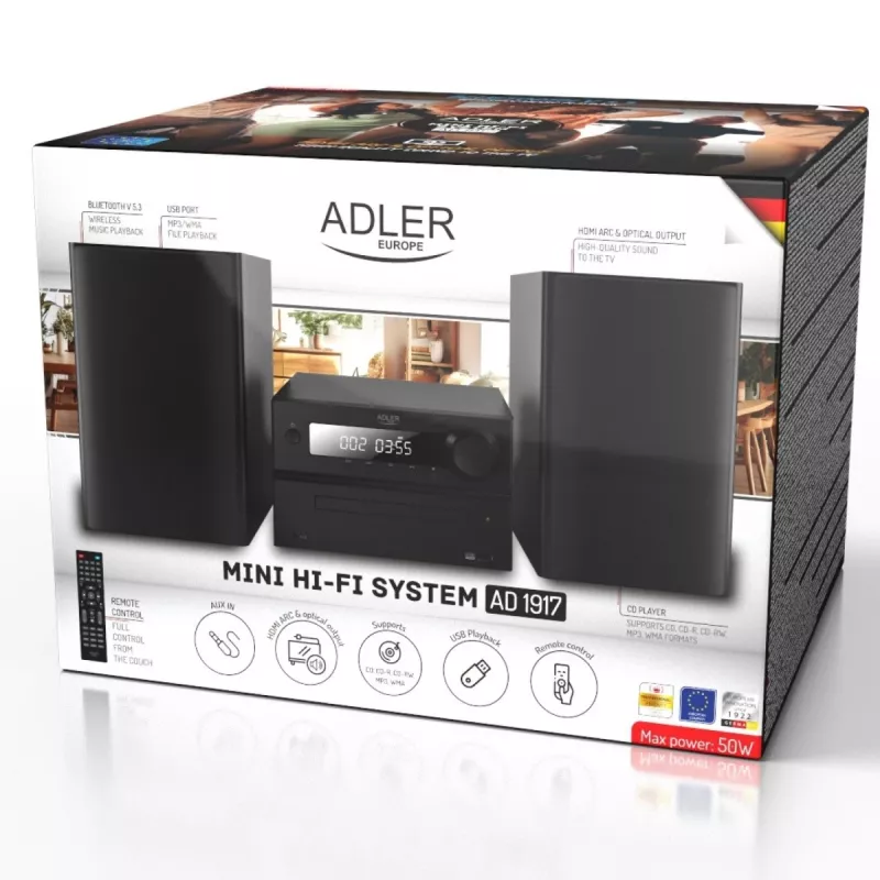 Mini hifi-stereosysteem Adler AD 1917 — Bluetooth V5.3, cd/usb/mp3, 2×25 W RMS, FM-tuner, 4-bands equalizer, AUX, zwart