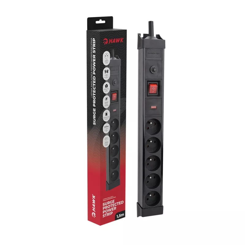 Stekkerdoos Hawk HWPS502BK 1,5 m kabel, 5 stopcontacten, overspanningsbeveiliging