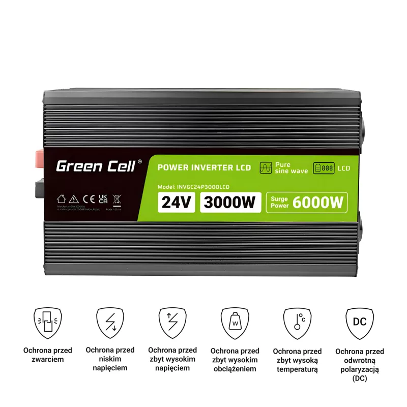 Auto-omvormer Green Cell INVGC24P3000LCD 24V 3000W zuivere sinus, 230V 50Hz, LCD, type F