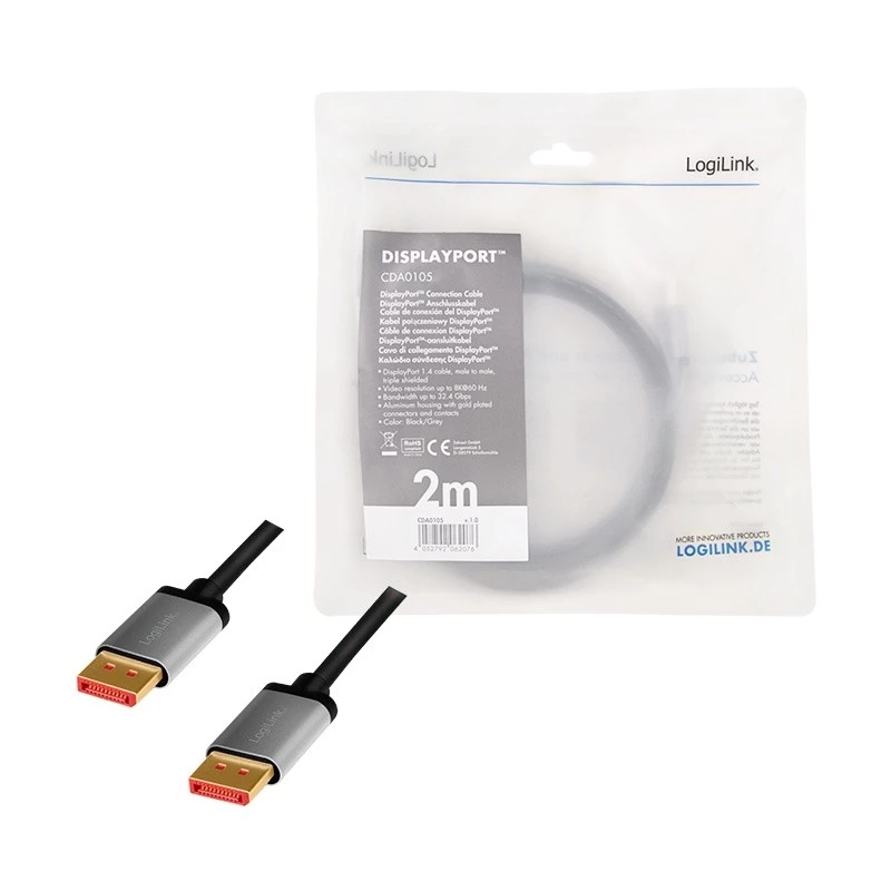 DisplayPort-kabel LogiLink CDA0105 2 m zwart grijs