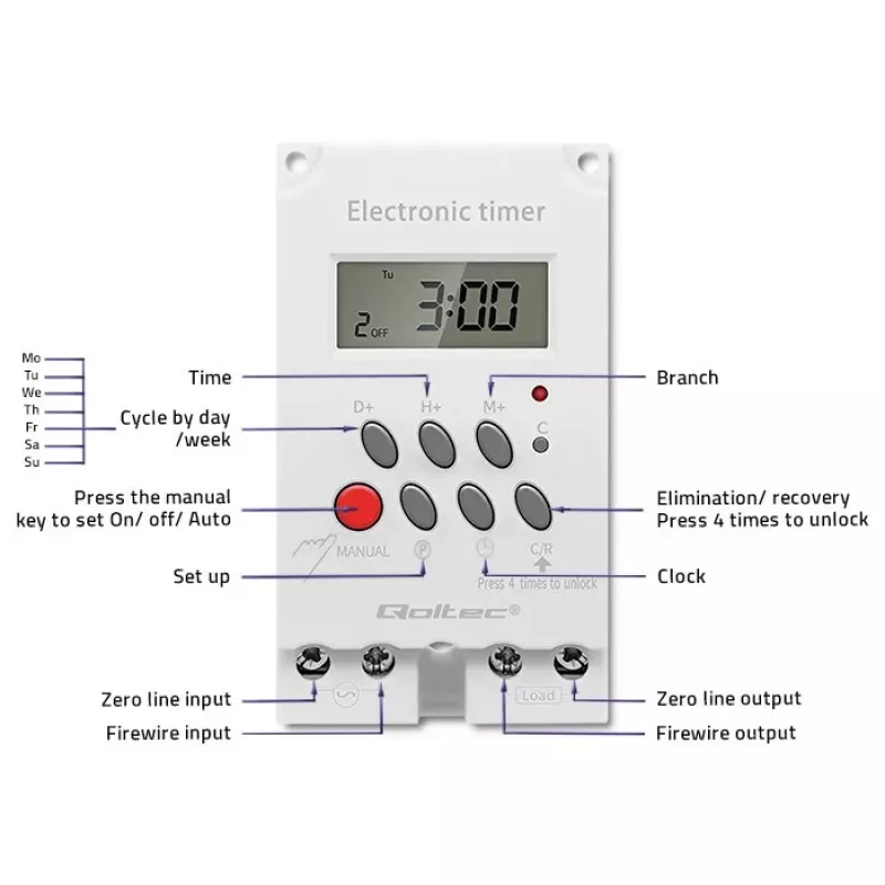 Elektronische DIN-rail tijdschakelaar QOLTEC PC0629 — 24V voeding, 16A uitgang
