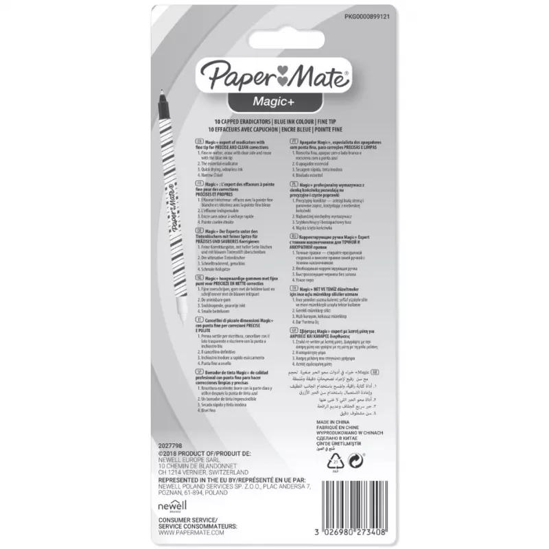 Paper Mate Magic+ inktwisser, fijn, blauw/wit, 10 stuks