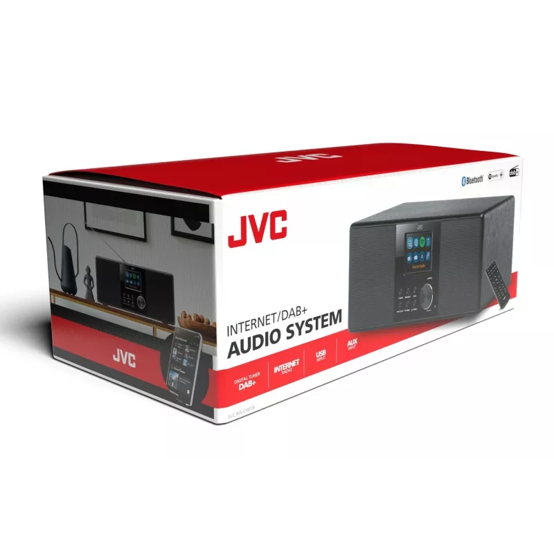 Internetradio JVC RA-E981B — Wi‑Fi- & Bluetooth-streaming, DAB+, FM, 2x5W, 40 zendergeheugens, USB, AUX, LCD-display