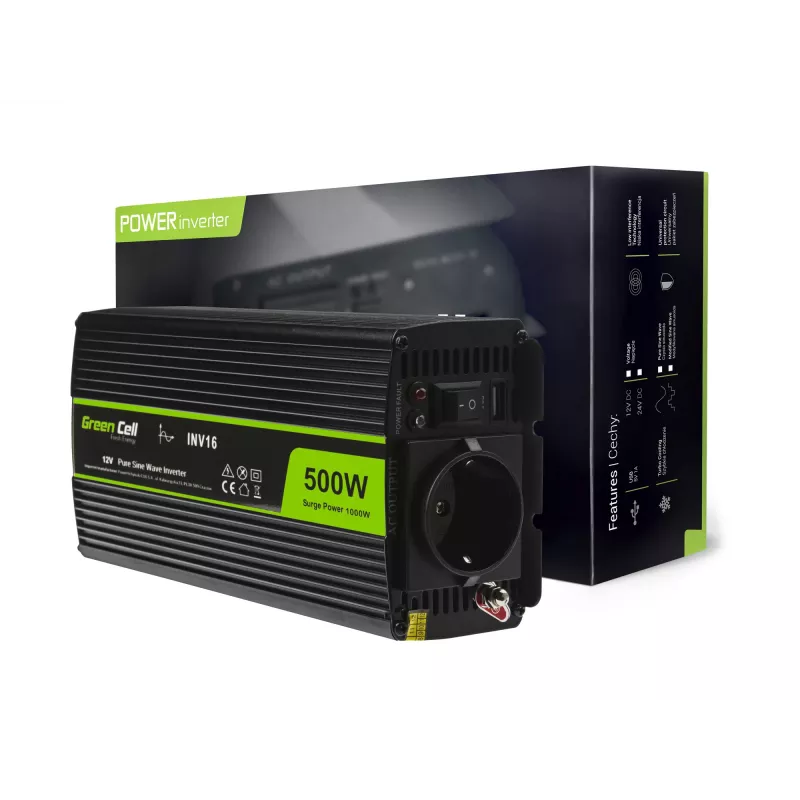 Auto-omvormer Green Cell INV16 500 W DC 12 V naar AC 230 V, 50 Hz, USB-aansluiting, actieve koeling, zwart