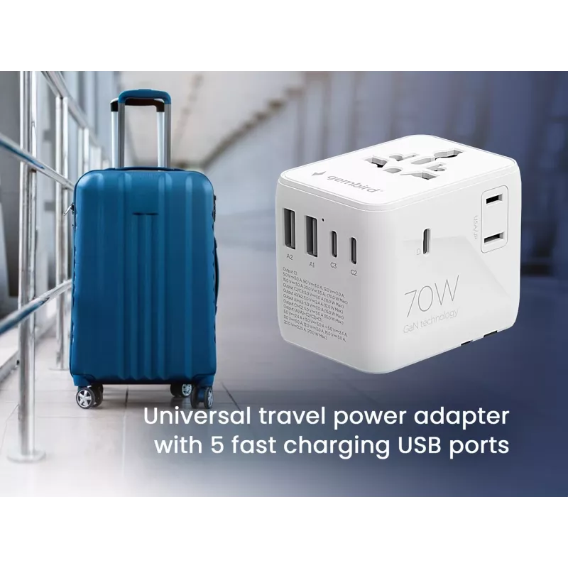 Gembird TPA-2A3C70-01-W universele reisadapter, 3x USB-C, 2x USB-A, 70 W, GaN, wit