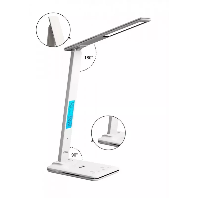 Media-Tech MT222 Leditou led-bureaulamp met 15 W Qi draadloze oplader, klok, wekker, thermometer, wit