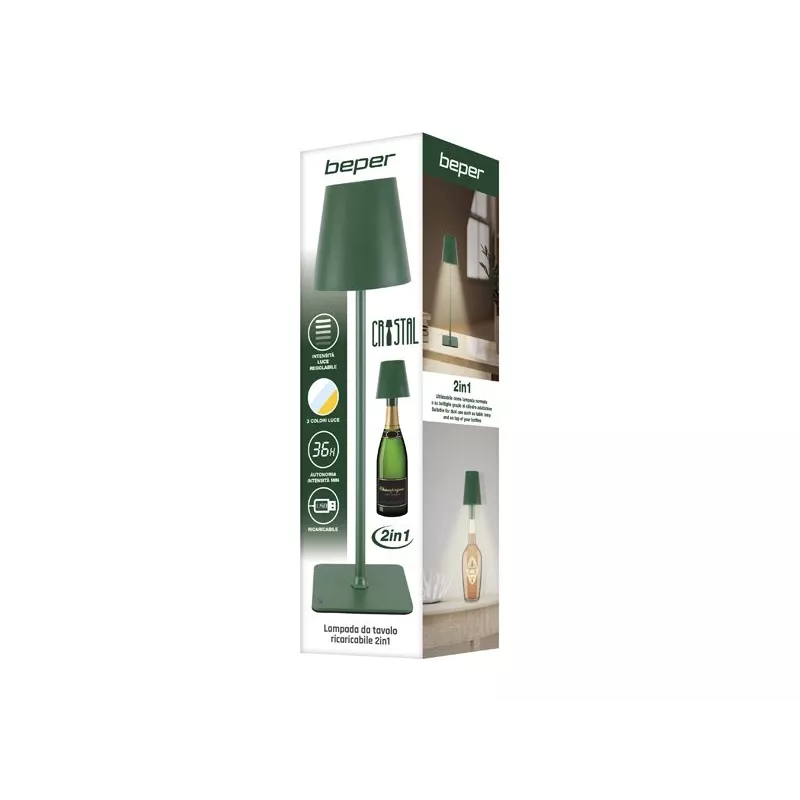 Beper P201UTP115 oplaadbare LED-tafellamp, 1,5 W, aanraakschakelaar, dimbaar, flesadapter van 33 mm, waterbestendig, groen