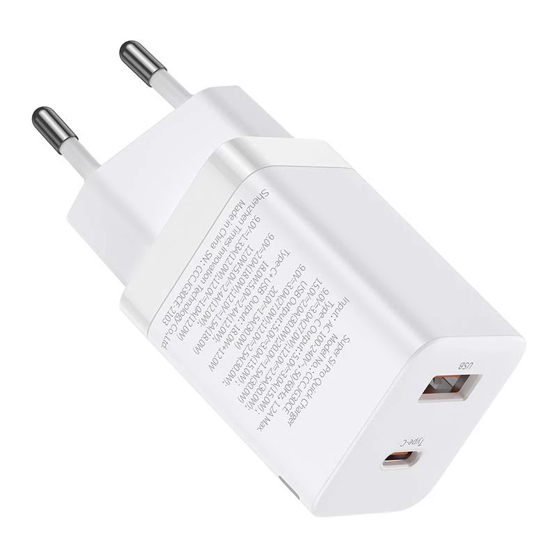 Baseus Super Si Pro snellader USB + USB-C 30W (wit)