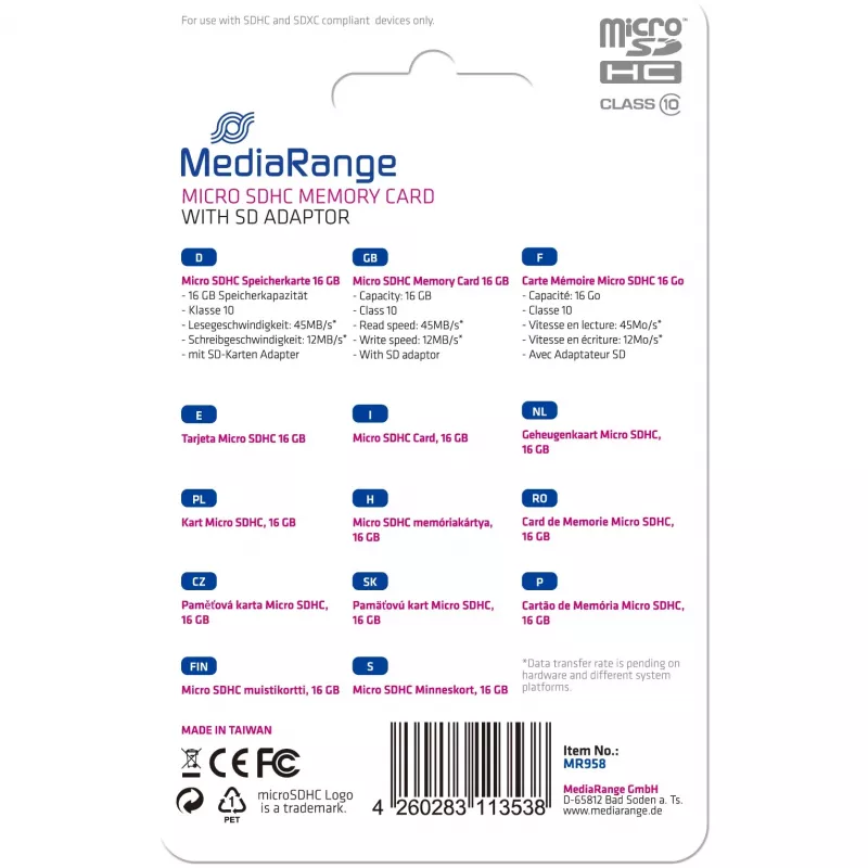 Geheugenkaart MediaRange 16GB MicroSDHC Class 10 MR958