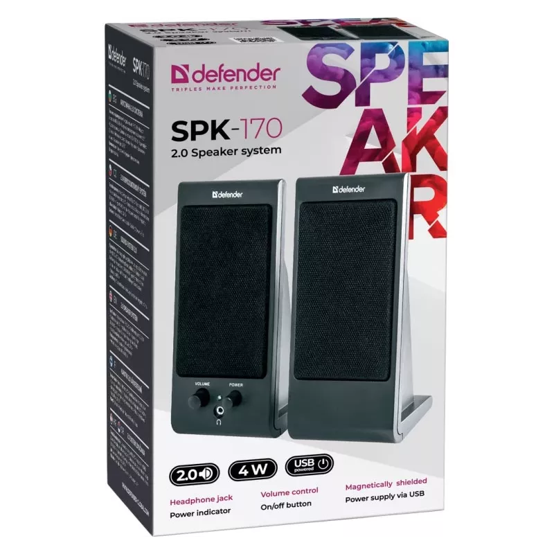 Desktop-/plankluidspreker DEFENDER SPK-170 2.0, 4 W RMS, bekabeld USB 5 V, 3,5 mm, zwart
