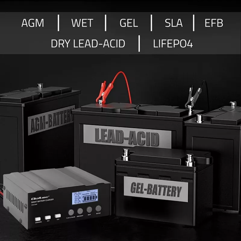 Acculader QOLTEC 52491 microprocessor 12V/12,6V/24V met LCD