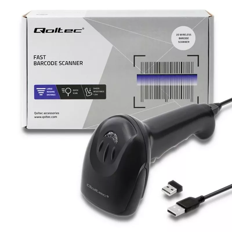 Handbarcodescanner QOLTEC 50868 — 1D/2D-laserscanner, USB bekabeld & draadloos, werkafstand 600 mm, zwart