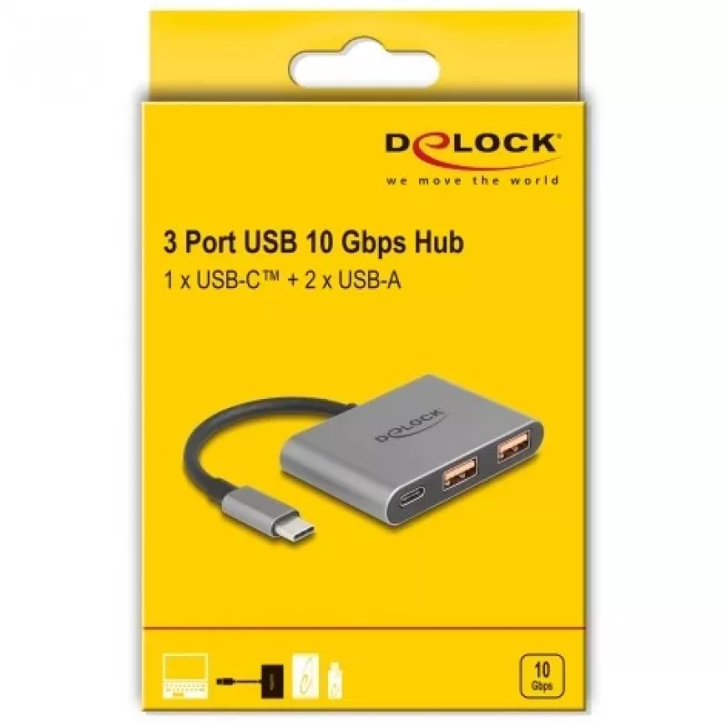 USB-hub DELOCK 64337 — USB 3.2 Gen 2 Type-C-host, 3 poorten (Type-C + 2× Type-A), 10 Gbit/s, grijs, metalen behuizing