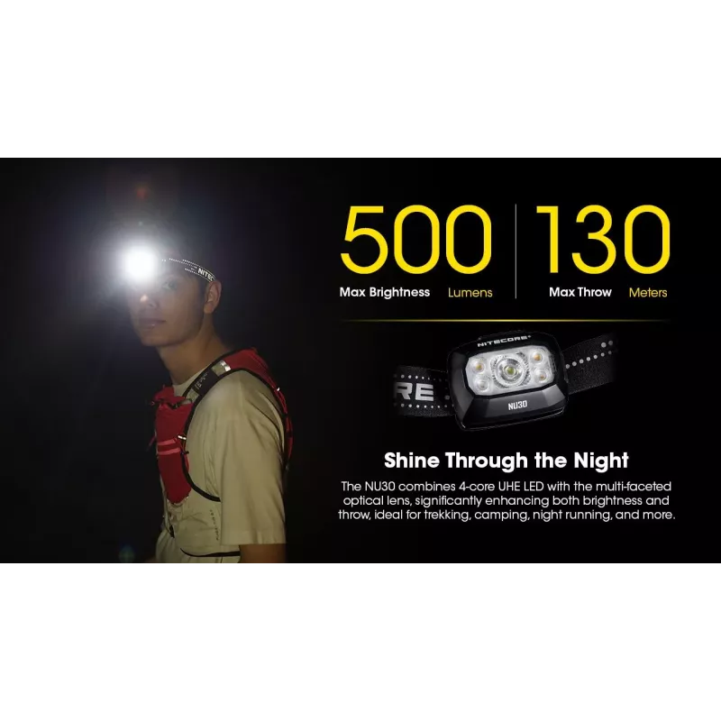 Hoofdlamp Nitecore NU30 — compacte, draagbare LED-hoofdlamp, tot 500 lumen, meerdere vermogensstanden, roodlichtmodus
