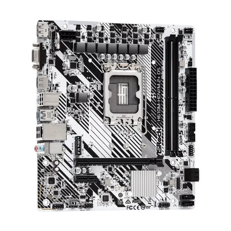 ASRock H610M-HDV/M.2+ D5 moederbord, Intel H610, LGA 1700, Micro-ATX, 2x DDR5 DIMM (max. 96 GB), PCIe 4.0 x16, 1x M.2, 4x SATA III, HDMI, DisplayPort, VGA, USB-C 3.2 Gen 1, Gigabit LAN