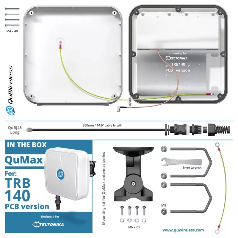 QuWireless QuMax A140M-A directionele LTE-antenne voor Teltonika TRB140, PoE/LAN, 6 dBi, IP67, wit