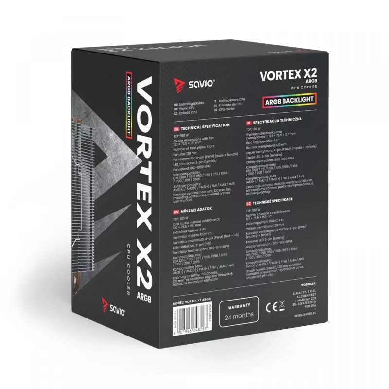 CPU-luchtkoeler SAVIO SAVGCOVORTEXX2ARGB met 4 heatpipes, 120-mm-ARGB-ventilator, zwart