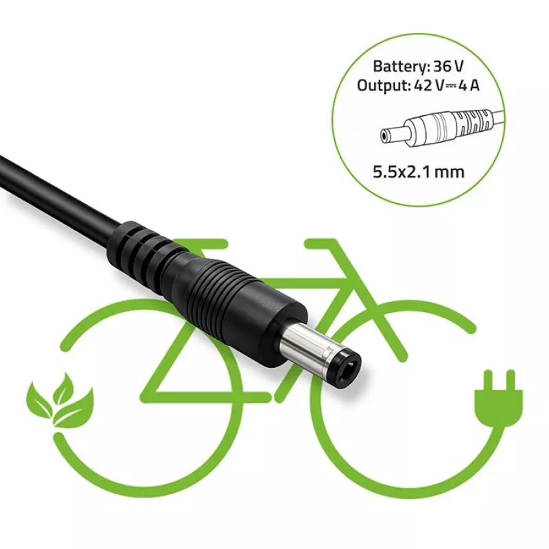 Oplader QOLTEC 36V–42V 4A voor e-bike, DC-stekker 5,5×2,1 mm