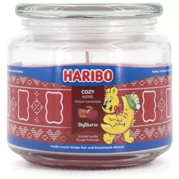Waxkaars Haribo A2203 — rond, appel-kaneelgeur, rood, 100 mm hoogte, 100 mm diameter, 300 g, glazen houder