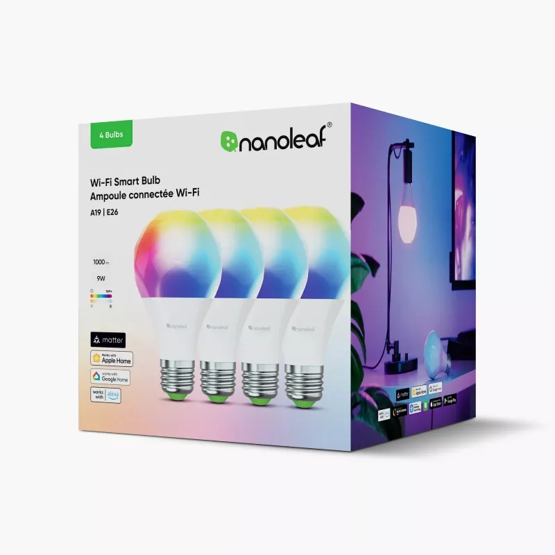 Nanoleaf Essentials Matter Smart A60 LED-lamp, E27, 9 W, 900 lm, 2700-6500 K RGBCW, 4-pack