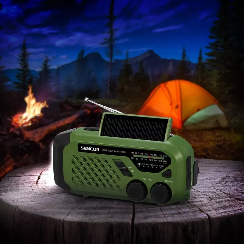 Draagbare UKW/MW-radio SENCOR SRD1000SCLGR met Bluetooth, solar-/slinger-/USB-C-laden, 2000mAh-accu, IPX4, LED-lampen